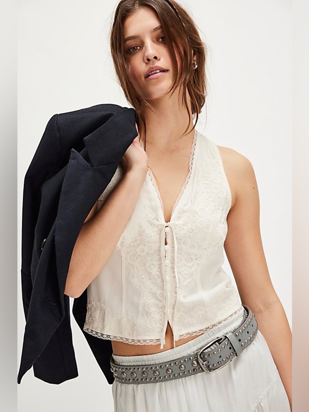 Free People Jaida Vest Top Tofu Ivory Eyelash Lace Button Front Tie XS